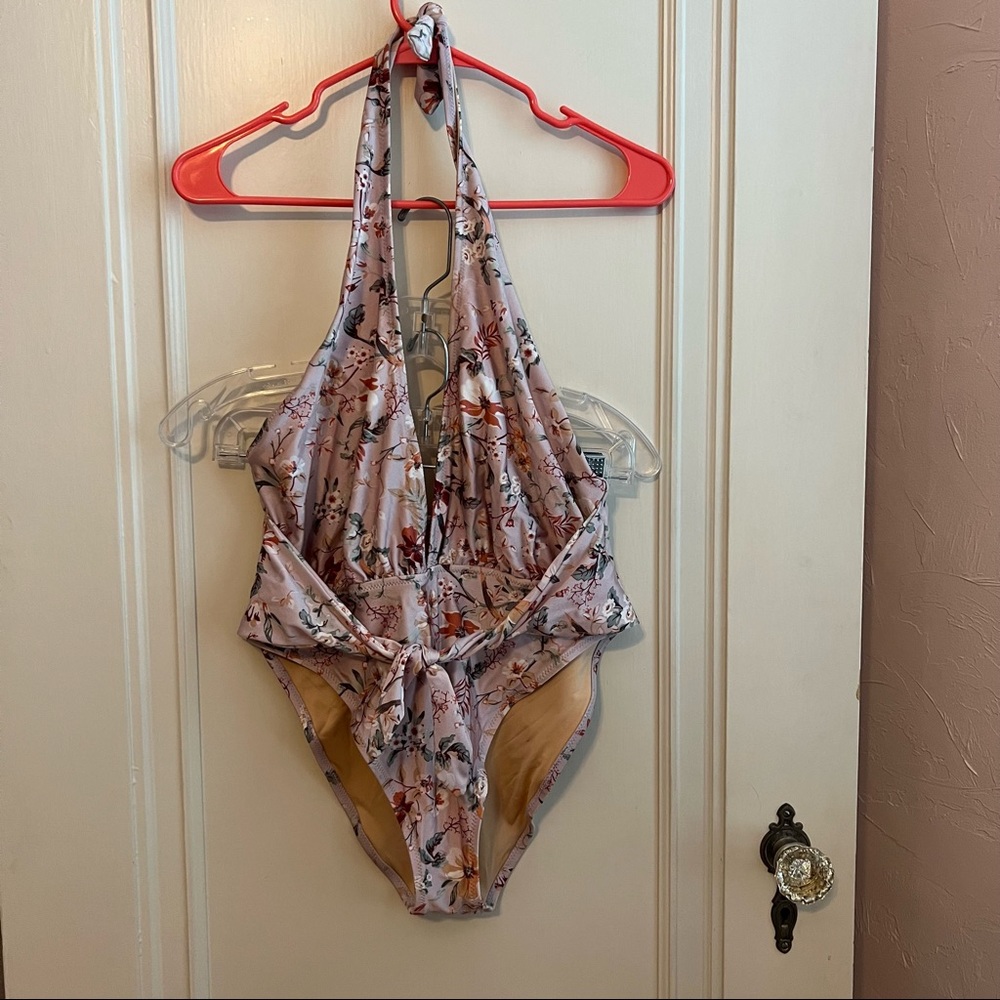 Purple Floral V-Neck One Piece Swimsuit